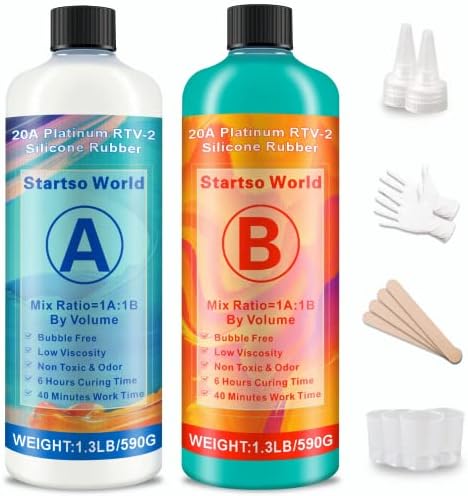 Silicone Mold Making Kit, 20A Translucent Platinum RTV-2 Liquid Silicone Rubber 9.6 OZ for Casting Resin, Soap, Candle, Clay, DIY Molds -1:1 by Volume with Tool 4 Cups,4 Sticks,2 Droppers
