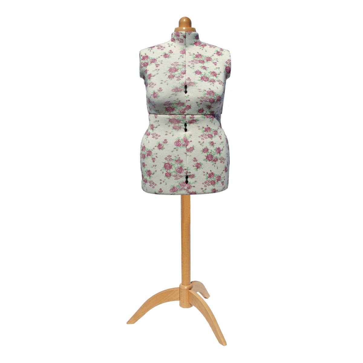 Maniqui Costura Ajustable Cogollos de Rosa con Soporte de Madera | Grande (L) [Talla EUR 48 a 50] | Forma de vestido de 8 partes con soporte de madera natural de 3 patas