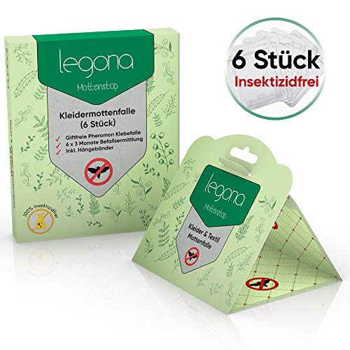 Preisvergleich Produktbild Legona - Premium Kleidermottenfalle (6 Stück) Insektizidfreie Pheromonfalle für 18 Monate Befallüberwachung / Erstklassige Mottenfalle für den Kleiderschrank mit Naturtextilien