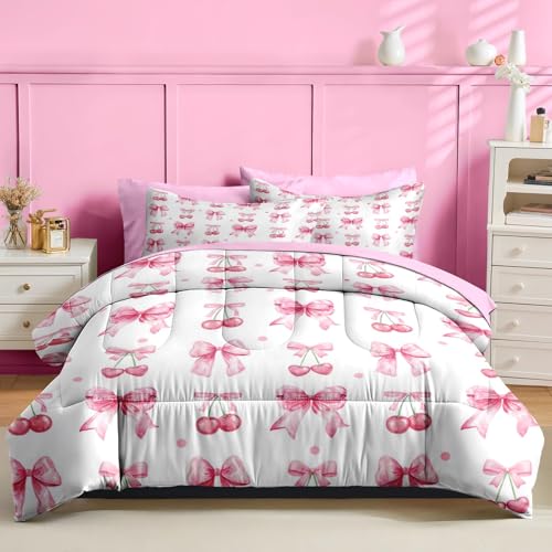 Image of Nesker Bow Comforter Set Queen Size, 7 Pieces Bed in a Bag, Pink Cherry Bow Bedding Set for Girls, Ribbon Bowknot Comforter Set with 2 Pillowcase & 2 Sham