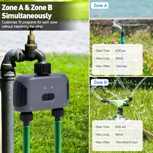 Timer per acqua, timer per irrigazione WiFi a doppia porta, timer automatico intelligente con controllo app, ritardo pioggia e visualizzazione del livello della batteria