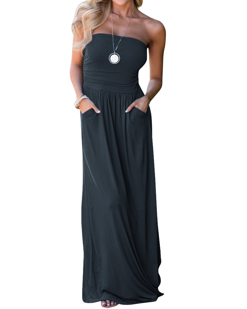 Ofenbuy Womens Off The Shoulder Maxi Dresses Summer Strapless Bandeau Long Dress with Pockets