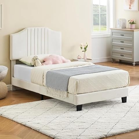 coucheta Twin Size Bed Frame - Velvet Upholstered Platform Bed Frame with Headboard for Girl Strong Wooden Slats Support, No Box Spring Needed, Noise-Free, Easy Assembly, Beige Cover