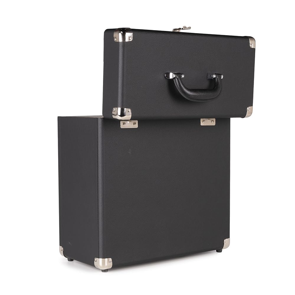 RC32 - Custodia per dischi in vinile, elegante e resistente, con morbida fodera in flanella, contiene 30-35 dischi, chiusura in metallo, cerniera e maniglia.