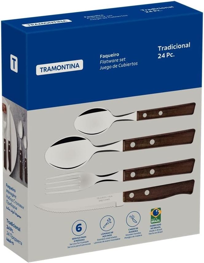 Tramontina Cutlery Set with Steak Knives, 24 Piece Sharp Knife, Forks, Teaspoons, Tablespoons with Wooden Handles, Camping, Kitchen, Rustic, 22299050