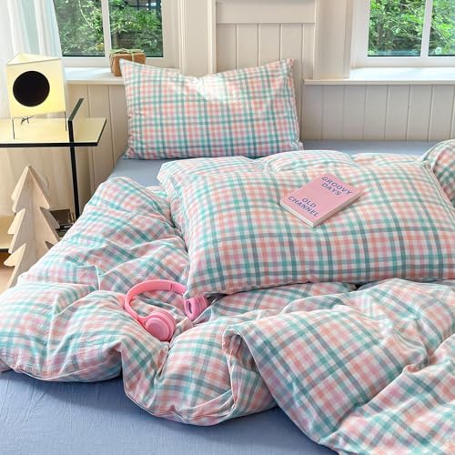Image of LifeTB Queen Comforter Set Multi-Colored Gingham Comforter Modern Style Checkered Pattern Comforter Set Colorful Grid Plaid Bedding Comforter Fluffy Soft Lightweight Grid Bedding Set Breathable