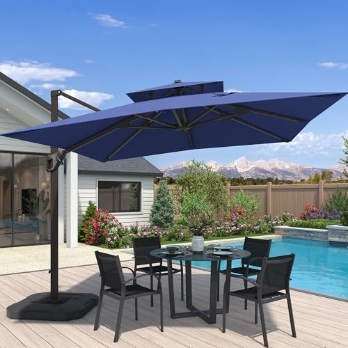 10x10 FT Cantilever Patio Umbrella with Base Included Double Top Outdoor Square Large Heavy Duty Aluminum Offset Umbrellas with 7 Level Tilt 360-degree Rotation for Pool Garden Deck,Navy