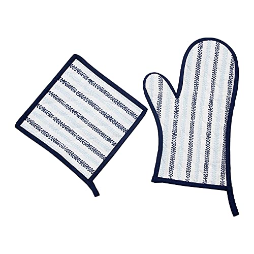 Taran Living Apron Oven Mitt And Pot Holder - Cotton Aprons For Women With Pockets Kitchen Linen Sets Of 3 Pcs Perfect For Everyday Cooking Baking - Blue And White #TOP3