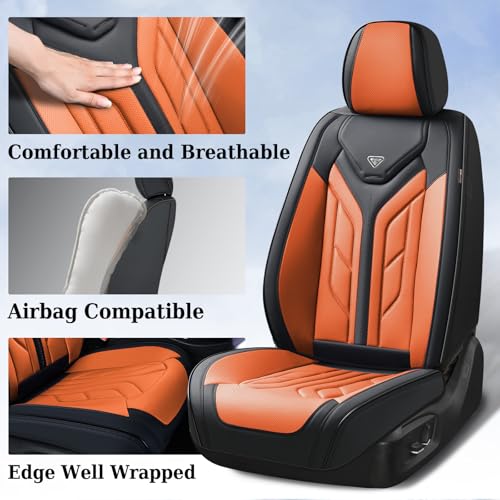 Image of Coverado Seat Covers, Car Seat Covers Front Seats, Leather Seat Covers for Cars, Waterproof Automotive Seat Covers Car Seat Protector Car Seat Cushion Universal Fit for Most Cars Trucks(Black&Orange)