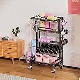 Dumbbell Rack, Weight Rack for Home Gym Storage Rack with Lockable Wheels & Hooks, Workout Equipment Storage for Yoga Mat Foam Roller Kettlebells Resistance Bands