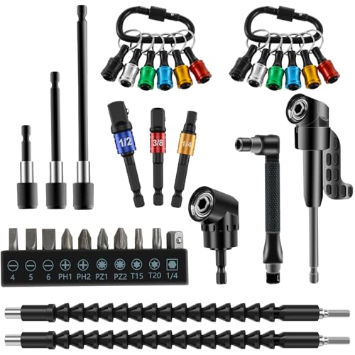 33Pcs 1/4 Inch Hex Shank Screwdriver Bit Holder, Flexible Drill Bit Extension Kit Metal Bit Holder Keychain with 105° Right Angle Drill Extension 1/4inch 3/8inch 1/2inch Socket Adapter