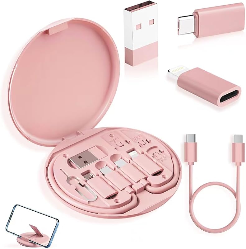 YANZIE Kit de adaptador USB, estuche organizador de viaje USB C con soporte para teléfono, rosa | Los conectores compatibles con Micro-USB y Lightning, el almacenamiento de la tarjeta SIM, el pin de expulsión y las funciones de carga y datos varían según el dispositivo
