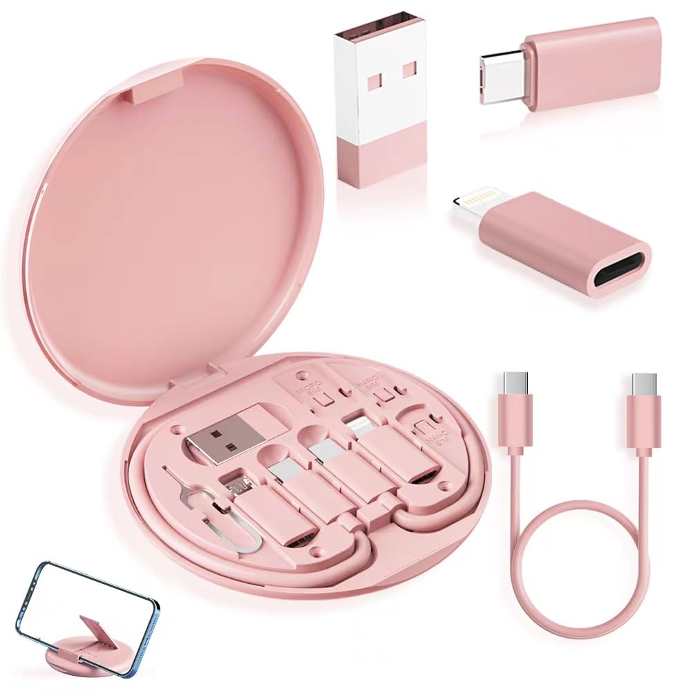 Kit adaptador de viaje USB C de YANZIE con caja de almacenamiento y soporte para tarjeta SIM. Cable Lightning a C y Micro USB a C hembra corto. Carga rápida para iPhone y Android.