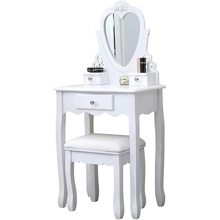 Amazon Qihangjp子供用ドレッサー 木制 コンパクト 可愛い 姫様化粧台 引き出し付き スツール セット 鏡台 収納付き 子供 メイク台 鏡付き ドレッサーデスク アンティーク 小物入れ 姿見 組立 椅子付き おしゃれ お嬢様 プレゼント ホワイト 鏡台 ドレッサー