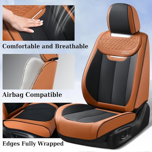 Image of Coverado Car Seat Covers Full Set, Breathable Nappa Leather Seat Covers for Cars, Automotive Seat Covers, Waterproof Front and Back Car Seat Protector Universal Fit Most Cars(Brown&Black)