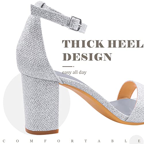 Image of Ankis Silver Heels for Women Chunky - Open Toe Glitter Heels for Women Chunky Pump Sandals Party Wedding Block Heels Standard Size 2.75 Inches Tall Thick Heel (Silver Glitter, numeric 8.5)