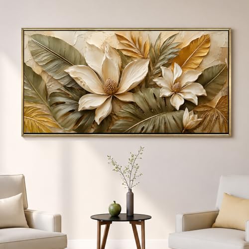 Image of PAPER PLANE DESIGN Modern Floral Wall Art with Vintage Gold Floating Frame, 2 x 4 Feet Ready to Hang Canvas Art for Bedroom Office - FLR-084
