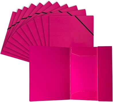 Pack of 12 Janrax A4 Coloured Laminated Card 3 Flap Folders with Elastic Closure Pink