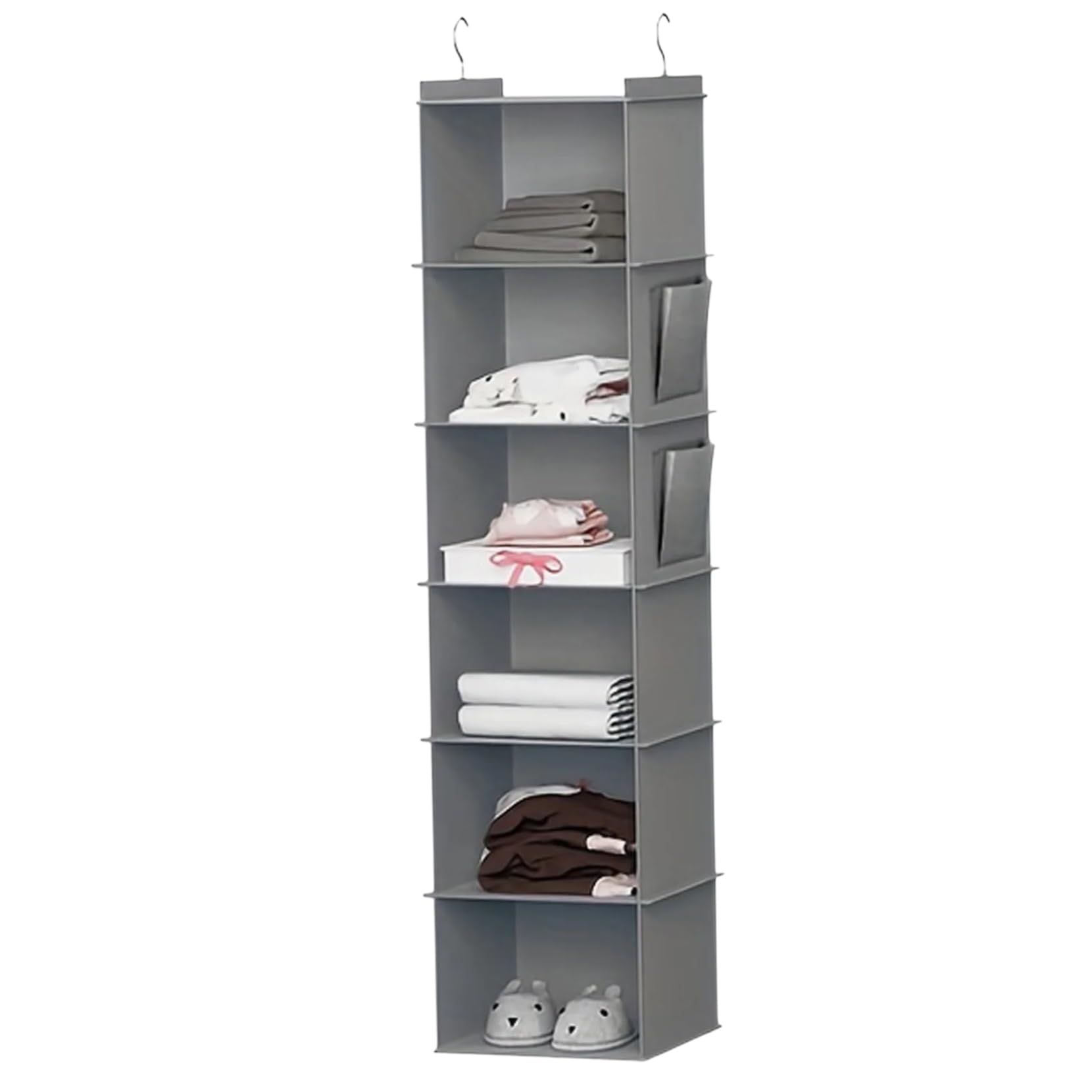 Tsawntd Hanging Sweater Organizer for Closet, 6-Shelf Hanging Closet Organizer with Side Pockets, Foldable Clothes Storage with Hooks 11.6x11.8x47.2 inch Grey