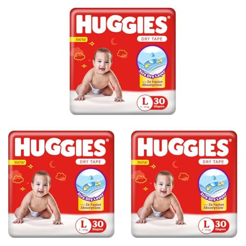 Image of Huggies Dry Tape | Adjustable Tape Style Unisex Diapers, Large (L) Size (9-14 Kgs), Pack of 90 | Up To 2X Faster Absorption, Up To 12 Hours Overnight Absorption