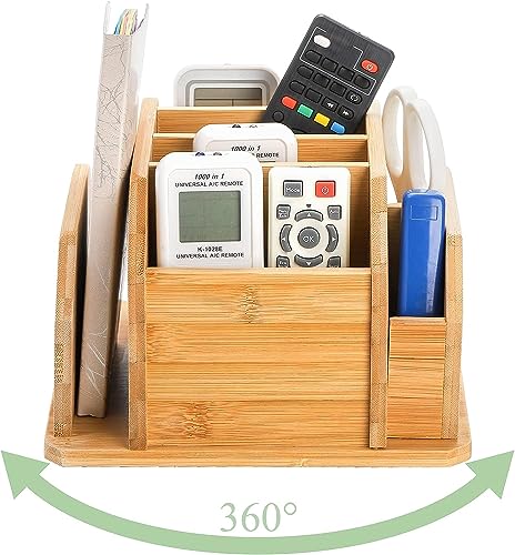 Yarlung Bamboo Rotating Remote Control Holder For Table, 7 Compartments Office Supplies Organizer 360° Spinning Desktop Storage Caddy For Pen, Colored Pencil, Book Sewer, Sticky Notes #TOP3
