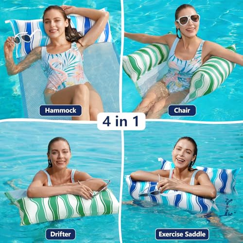Image of Jasonwell Inflatable Pool Hammock Float - 2 Pack Water Hammock Pool Floaties Multi-Purpose (Saddle Lounge Chair Drifter) 4 in 1 Lake Beach Floating Loungers Swimming Pool Floats Toys for Adults (B&G)