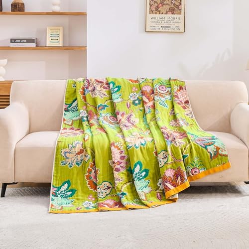 Image of XIBLC Fall Throw Blanket, 100% Cotton Soft Rustic Boho Throw Blanket for Bed, 60 inchx80 inch Farmhouse Decor Bed Flower Blankets, Light Weight Reversible Bohemian Throw Quilt