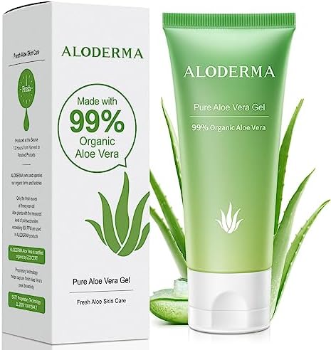 Aloderma 99% Organic Aloe Vera Gel, Made within 12 Hours of Harvest (1.5 oz), No Sticky Residue - No Powder Concentrates or Water, Eco-Friendly, Travel Size, Aloe Vera Gel for Skin & Sunburn Relief