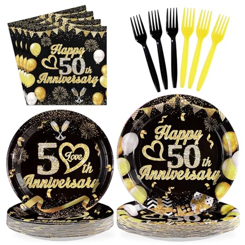 Greencian 96Pcs 50th Anniversary Party Decorations Golden Wedding Anniversary Plates and Napkins Black Gold Themed Tableware Set for Women Men 50 Years Matrimony Celebration Party Supplies Serves 24