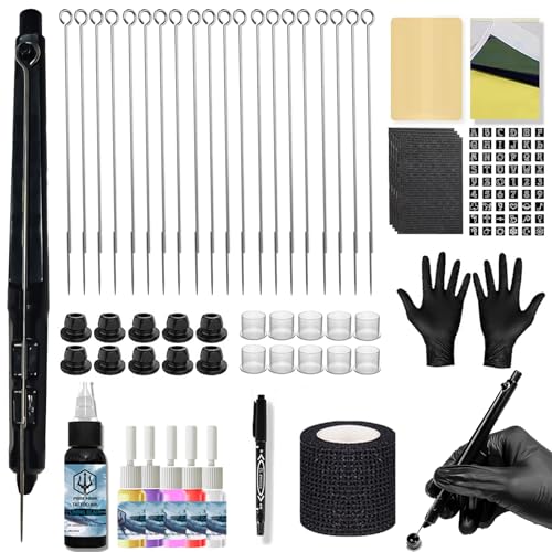 Poseidon Hand Poke a Stick Tattoo Kit Stick Hand Tool Kit with 20 tattoo needles 10 inks complete...