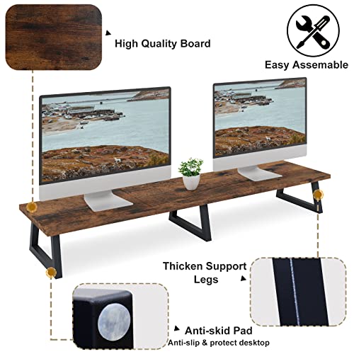 Teamix 42 Inch Large Dual Monitor Riser,Rustic Brown Extra Long Tv Stand Riser Monitor Stand For 2 Monitors Wood & Steel Desktop Riser With Storage For Dual Screen Office Desk Organization #TOP2