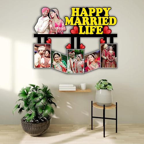 Image of Shrikant Art Personalized inchHappy Married Life inch Multi-Photo Collage Wall Hanging - Large 15x12 Inch Custom Wooden Wedding Frame with 5 Photo Slots and Heart Accents