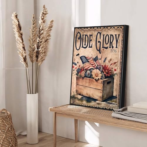 Image of American Flag Framed Canvas Wall Art, 4th of July Floral Canvas Prints, 1776 American Flag Patriotic Decorations, Vintage Independence Day Wall Decor for Bedroom Living Room Dining Room Office 6x8