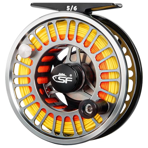 SF SF-003 Pro Fly Fishing Reel for Freshwater - CNC Machined, Mid Arbor Design, Smooth Drag System, Lightweight Aluminum Body - 5/6wt, Gunmetal Gray & Black,Pre-Loaded Fluorescent Yellow Fly Line Kit