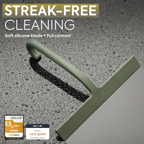 Image of GUTEWERK Shower Squeegee for Glass Doors - Bathroom Squeegee for Shower Glass & Tile Walls, Streak-Free & No-Squeak Silicone Blade, Stainless Steel Core, Hang Hook + Suction Cup, Green, 10 Inch