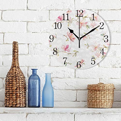 Suabo Pink Flower Wall Clock Arabic Numerals Design Floral Round Wall Clock For Mothers Day Living Room Bathroom Home Decor #TOP2