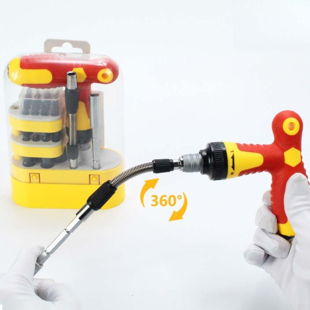Eawfgtuw Juego de destornilladores de trinquete en forma de T con mecanismo bidireccional, varilla extensible para un alcance profundo, mango ergonómico de polipropileno, puntas de metal para