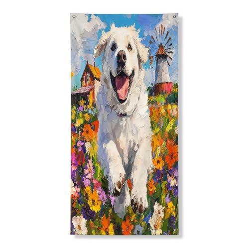 Cubierta de puerta exterior de perro de los Grandes Pirineos de primavera de 36 x 72 pulgadas, diseño de cachorro de jardín campestre impreso para puerta delantera y trasera, decoración de entrada