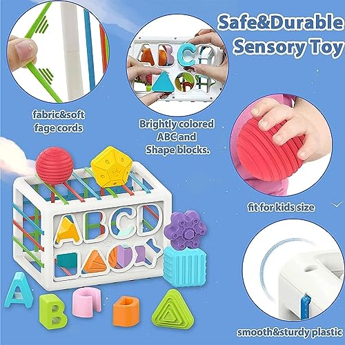 Image of WireScorts Baby Shape Sorting Block, Montessori Sensory Toys with Blocks Colorful Cube and Alphabets, Shape Sorting Toy with Elastic Bands Fine Motor Skill Toy, Preschool Learning Toys