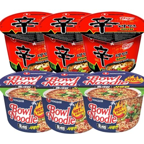 Starry Mart NS Korean Instant Bowl Noodles Soup (Pack of 6) - SHIN x 3 & Hot and Spicy x 3