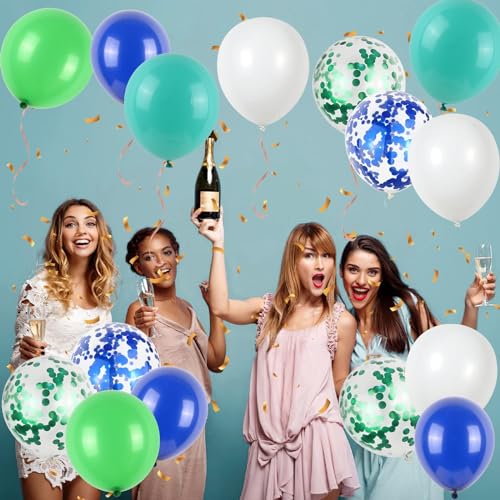 Image of 50Pcs Blue Green Balloons 12inch Light Green Blue Vintage Confetti Balloon with Ribbons for Boys Birthday Party Jungle Safari Themed Decoration