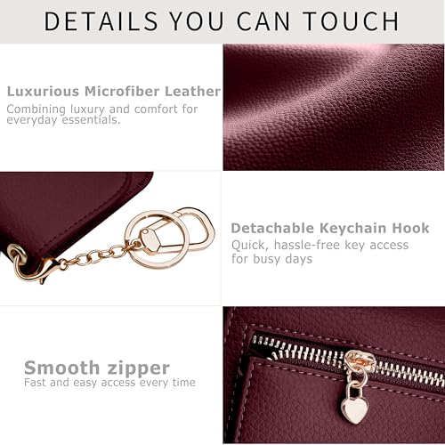 Image of Women Small Wallet RFID Blocking Slim Wallet with Coin Pocket Tri-Fold Credit Card Holder with ID Window and Keychain (Burgundy)