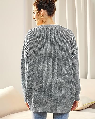 Image of ebossy Women's Open Front Knit Cardigan Casual Long Sleeve Oversized Button Lightweight Sweater Outwear (M, Grey)