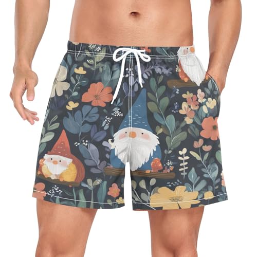 Gnome Spring Flowers Men's Swim Trunks with Liner Quick Dry Beach Shorts Swimwear Bathing Suit S-XXL