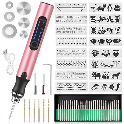 Image of Electric Engraving Pen Tool can be Engraved on Metal, Glass, Ceramic, Wood, Engraving Pen Tool Kit with 16 templates Suitable for DIY Creation, Crafts, Personalized Accessories and Gifts (Pink)