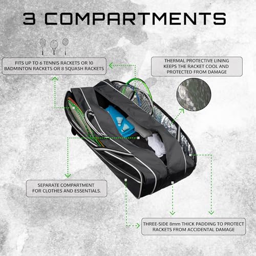 Image of WHACKK Vanguard Tennis & Badminton Bag | Large 3 Zipper Compartment Racket Kit Bag | Lightweight Sports Bag for Practice; Matches & Travel (Black Grey)
