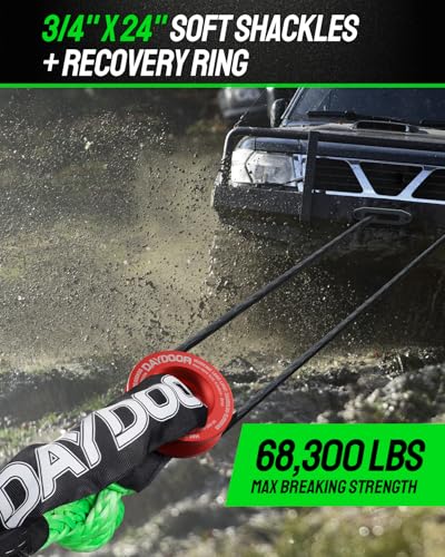 Image of DAYDOOR 68,300 LBS Soft Shackle Recovery Kit, 3 /4 inch x 24 inch (2-Pack) with 7075 Aluminum Snatch Ring, Winch Accessory for Ford F250 /F350, Ram 2500 /3500, Heavy Tractor & Full-Size Trucks(Green)
