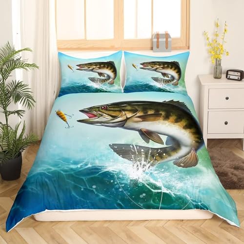 RAVILO Housse de Couette 140x200 Pêche Parure de Lit 1 Personne Poisson 3D Housses de Couettes Microfibre Douce Imprimée et 2 Taie d'oreiller 65x65 cm avec Zippée
