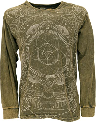 GURU SHOP Langarmshirt Mandala, Stonewash Goa Shirt, Olivgrün, Baumwolle, Size:XL, Sweatshirts & Hoodies Alternative Bekleidung Cover