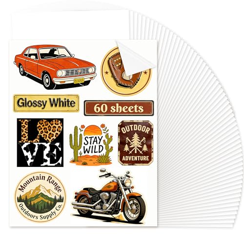 Joyclub Sublimation Sticker Paper, 60 Sheets 8.5x11 White Waterproof Glossy Sticker Paper Vinyl for Sublimation Inkjet Printer and Heat Press, High Tr